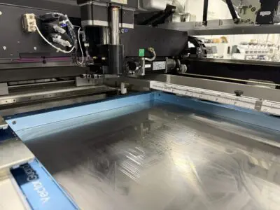 Inside of a DEK Screen Printer for SMT PCB Assembly
