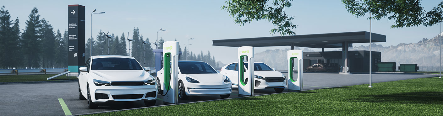 Electric vehicle charging with gas station background. Charging station for electric cars in the background of a gas station. Comparing electric versus gasoline station. 3d illustration