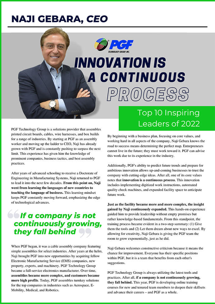Magazine Article titled "Innovation is a Continuous Process" featuring a photo of CEO Naji Gebara
