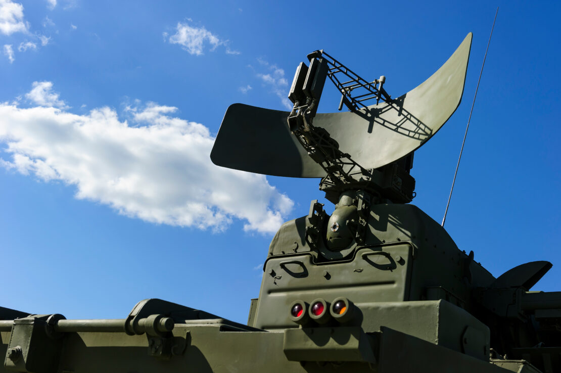 Military radar equipment pointed towards the sky